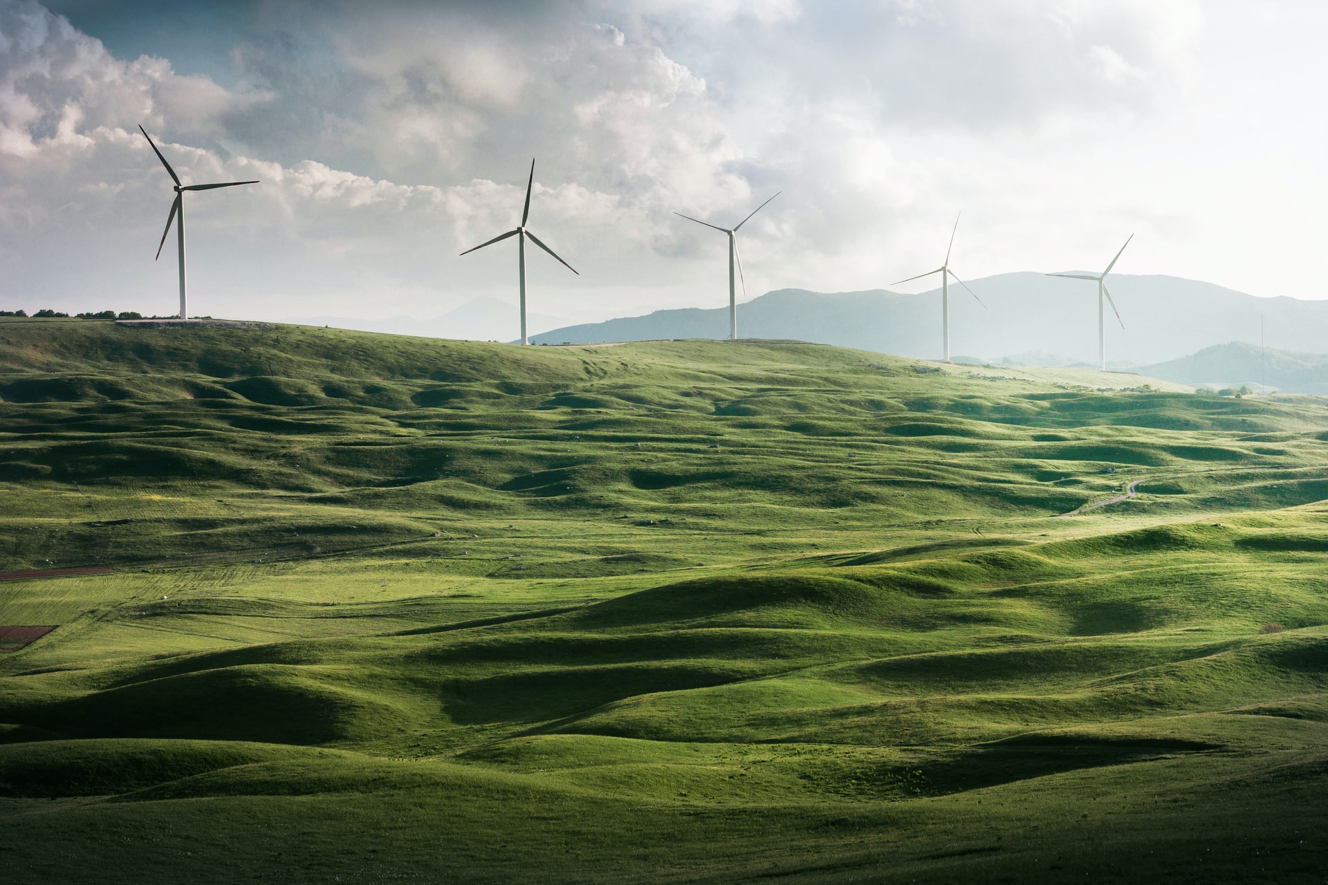 4 Windräder auf einer grünen Wiese